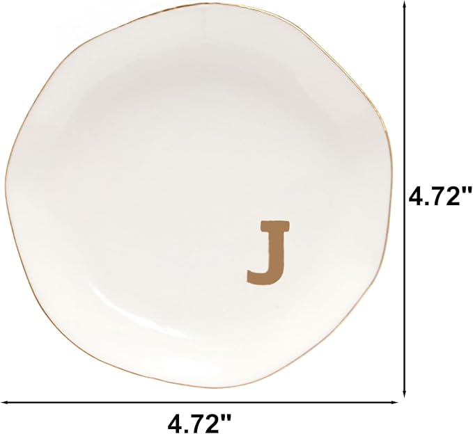 Ceramic Jewelry Tray Initial Ring Dish Personalized J-Monogrammed Engagement Wedding Gifts,Decorative Jewelry Holder for Birthday Mother's Day Christmas for Women, Ceramic White 4.5" (J)