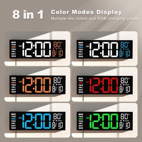 JALL 16" Large Digital Wall Clock with Remote, Back to School Classroom, Gift for Student Teacher, Big LED for Seniors, Auto Dimming, 8 RGB Colors, Night Light, Timer, Temperature for Living Room