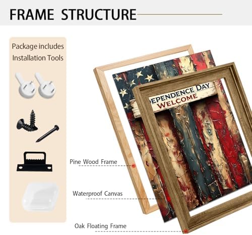 American Flag Framed Canvas Wall Art, 4th of July Patriotic Canvas Prints | USA Flag Wood Texture Poster Print, 4th of July Red White Blue Wall Decor for Bedroom Living Room 11×14in