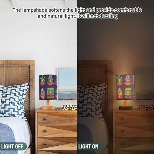 Table Lamp Neon Marijuana Cannabis Hemp Leaf Medical Sign Print Nightstand Lamp with Wood Base Fabric Lamp Shade Bedside Desk Lamp for Living Room Bedroom Kids Room Office