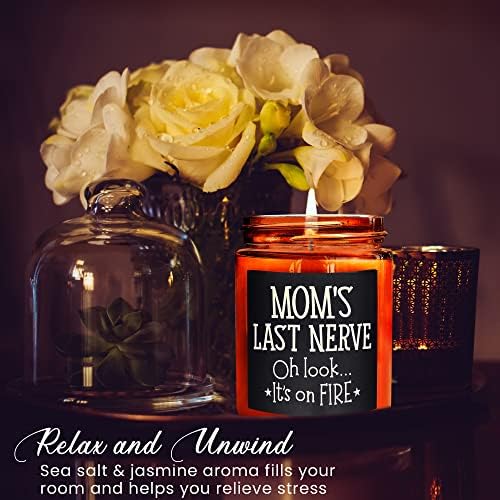 Mom's Last Nerve Candles - Fun Birthday, Valentines Day, Mothers Day Gifts from Daughter, Son - Funny Stress Relief Relaxation Gifts for Women Wife New Mom - Sea Salt Jasmine Soy Spa Candle
