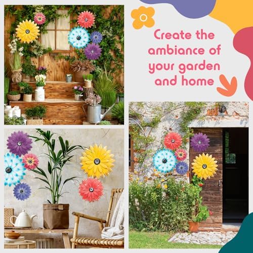 Zhehao 6 Pcs Metal Flower Wall Art Decor 5/8/10 Inch Sunflower Wall Decorations Hanging Outdoor Art Multicolored Handmade Metal Flowers Outdoor Decor(Classic Color)