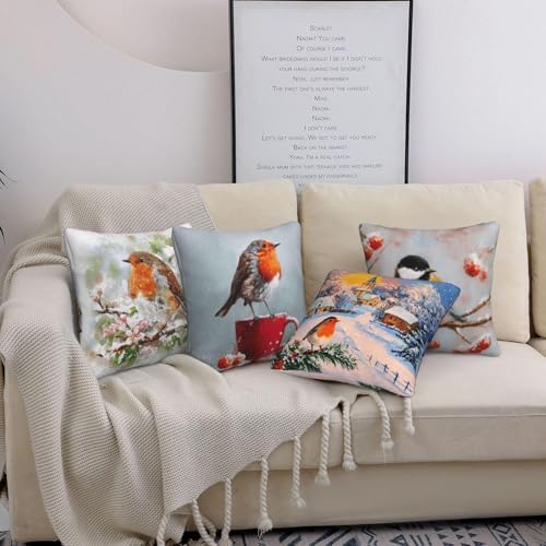 Winter Bird Throw Pillow Covers Set of 4 Decorative Soft Double Sided Print Pillow Case Farmhouse Home Decor for Living Room Sofa Couch 18x18