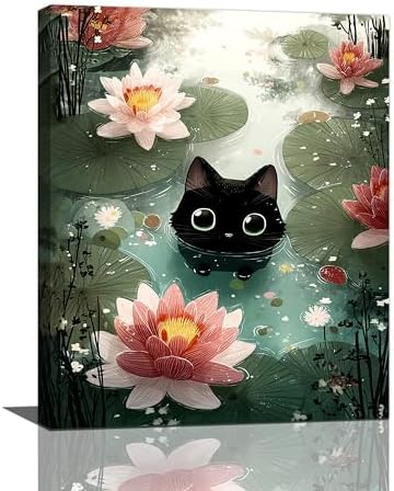 Crekviy Vintage Black Cat Bathroom Decor Wall Art Funny Cat Pictures Water Lilies Canvas Prints Painting Artwork Decorations Gifts for Bedroom Living Room Office Framed 16"x20"
