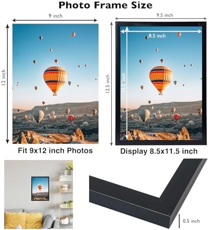JCJMY 9x12 Black Picture Frame Set of 6, Horizontal and Vertical Formats for Wall Hanging, 9 x 12 Wall Gallery Poster Photo Frames with Shatter Resistant Plexiglass, 6 Pack, Black