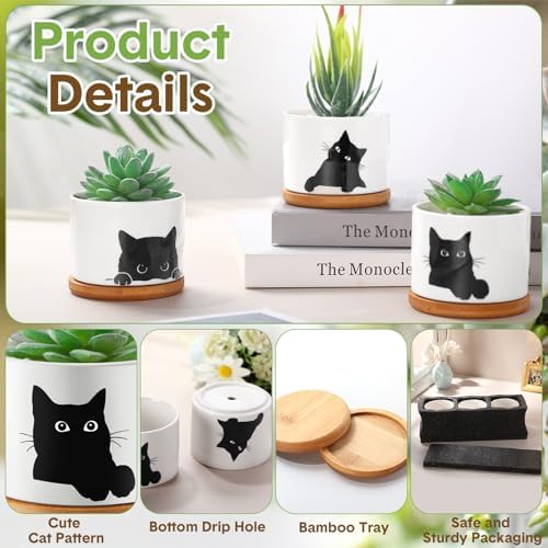 Honeydak Funny Succulent Black Cat Plant Pots 3.15 Inch Ceramic Flower Pots With Bamboo Tray, Drainage Hole - Cute Birthday Gifts for Women, Housewarming Gift