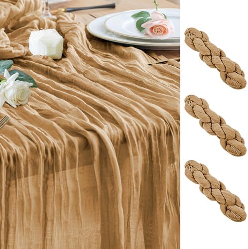 Wokceer Cheesecloth Table Runner Khaki 10FT Boho Gauze Runner, 3 Pack