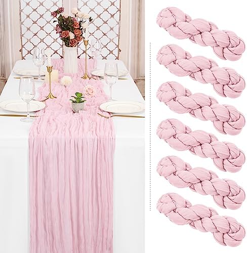 6 Pack Pink Cheesecloth Table Runner, Extra Wide 35x120 Inch