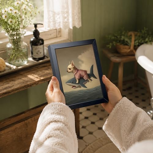 Funny Chihuahua Riding Shark Wall Art, Framed Dog Bathroom Canvas Print, Abstract Animal Wall Decor, Whimsical Humor Art Oil Painting for Bathroom Bedroom Living Room Home Decor 8x10 Inch