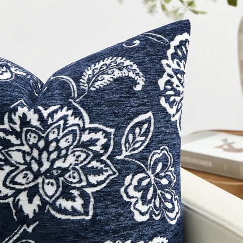Set of 2 Chenille Floral Pillow Covers 18x18 Inch Navy Blue