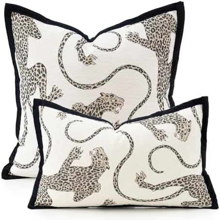 Premium Series, Snow Leopard Throw Pillow Covers, Animal Jacquard Cushion Cases for Home Decor, Chenille Velvet Double-Sided Designs, Cream White, 18 x 18 inch, Covers Only