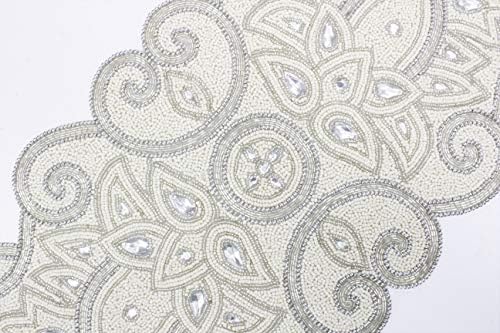 COTTON CRAFT Handmade Beaded Table Runner - 13x36 inches - Ivory & Silver