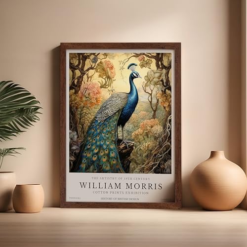 Poster Master William Morris Poster - Peacock Print - Bird Art - Botanical Design - Flower Art - Exhibition Display - Animal Illustration - Floral Design - Aesthetic Office or Bedroom Decor - 16x20 Brown Framed