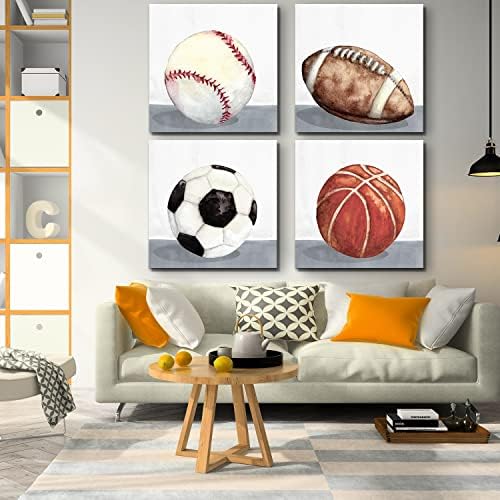 Sports Wall Art Boys Room Wall Decor Vintage Football Soccer Baseball Basketball Them Canvas Wall Arts for Kids Boy Bedroom Nursery Home Decoration 24x24" 4 Pcs Rustic Ball Artwork Painting Baby Gift