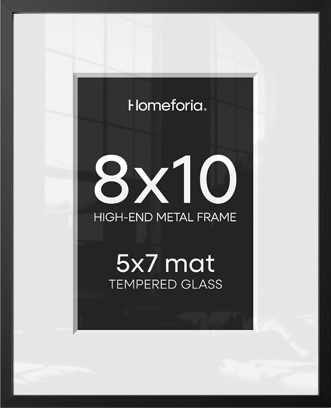 Homeforia 8x10 Black Picture Frame, High-End Metal, 5x7 Mat, Glass