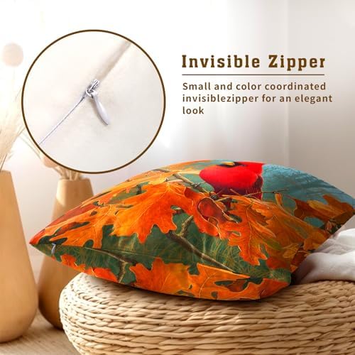 Fall Cardinal Throw Pillow Covers 20x20 Inch Set of 2 Red Bird Maple Leaves Decorative Pillowcase Autumn Foreset Landscape Seasonal Cushion Cover for Home Bedroom Sofa Chair Decor