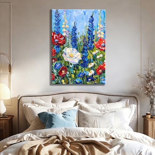 Made USA Framed Red White Blue Wildflower Wall Art, Retro Bedroom Kitchen Wall Decor Rustic 4th of July Independence Day Canvas Prints Artwork, Classic Patriotic Pictures Home Decor