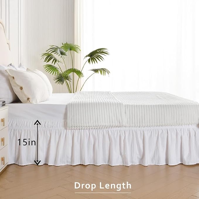 MIYE Wrap Around Ruffled Lace Bed Skirt, Elastic Dust Ruffle with Adjustable Belts, Easy to Put On, Bed Frame Cover, Machine Washable (Striped/White, Full/Twin-15 Drop)
