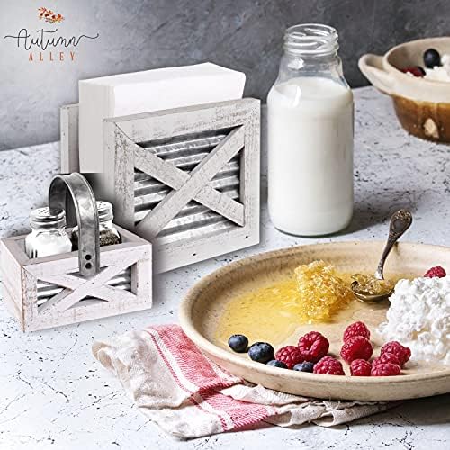 Autumn Alley Farmhouse Napkin Holder and Salt and Pepper Shakers Set - Wood Holder with Barn Door Motif, Galvanized Metal - Rustic Napkin Holder for Country Kitchen Decor (White)