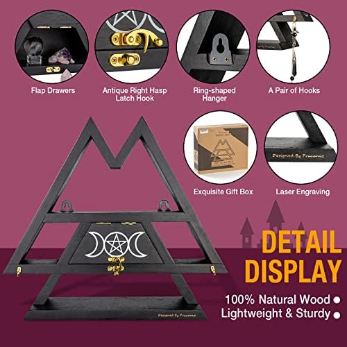 Pracaniz Crystal Shelf with Flap Drawer&Hooks for Wall&Desktop, Crystal Holder as Witchy Room Decor,Moon Phase Triangle Shelf,Witchy Decor&Moon Decor for Bedroom.