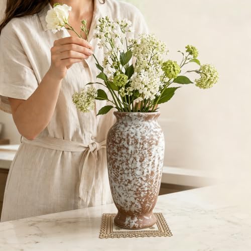 AOZITA Ceramic Flower Vase,9.3" Tall Rustic Farmhouse Vase with Ribbed Texture, Vintage Home Decor for Living Room, Kitchen, Bedroom & Office, Terracotta