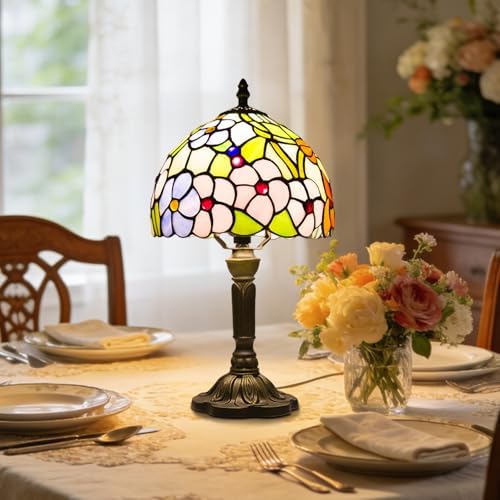 Small Tiffany Table Lamp, 3 Color Temperature, 8 Inch Antique Stained Glass Lamp for Bedroom Living Room Home, Handcrafted Light, Included Bulb (F Four Leaf Flower)