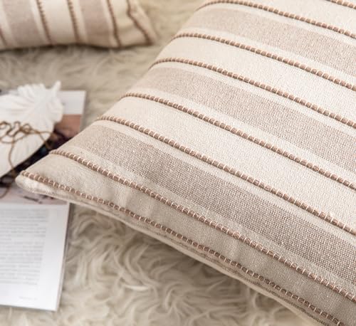 Cethom Decorative Boho Throw Pillow Covers, Farmhouse Textured Pillow Case, 20 x 20 Inch Set of 2, Chair Sofa Bedroom Living Room Home Decor Couch Cushion Case, Taupe and Beige Striped