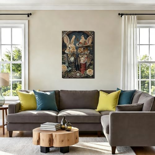 Elegant Easter Bunny Canvas Wall Art 12x18, Retro Dress Up Couple Rabbit Pictures Wall Decor Funny Animal Poster Prints for Office Easter Decorations Home Bathroom Bedroom Artwork