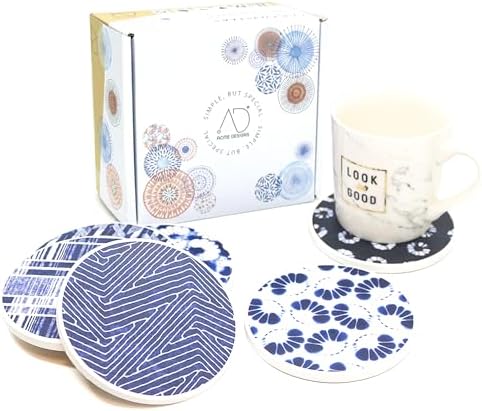 AD Set of 6 Coasters for Drinks Absorbing Round Ceramic Stone Coaster with Cork Base,Tabletop Protection Mat for Mugs and Cups,Office,Kitchen (Shibori)