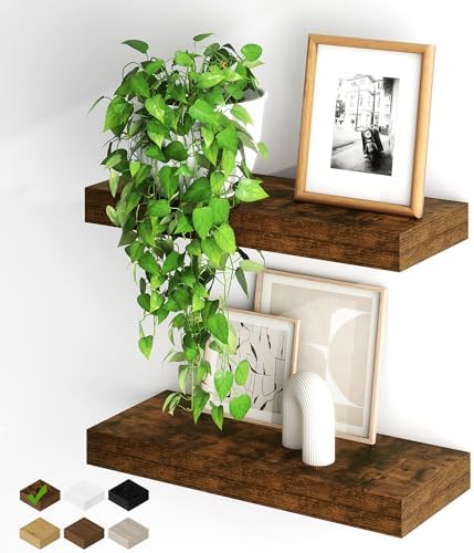 Fun Memories Floating Shelves for Wall, 20Inch Floating Shelves Set of 2, Hanging Shelf with Invisible Brackets, Wood Shelves for Living Room, Bedroom, Kitchen, Brown