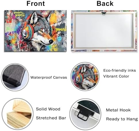 Wolf Canvas Wall Art - Wolf Wall Decor Graffiti Picture Funny Animal Listen to Music Painting Inspirational Prints Pop Artwork Office Living Room Home Decor Framed(Wolf-16,20.00"x30.00")