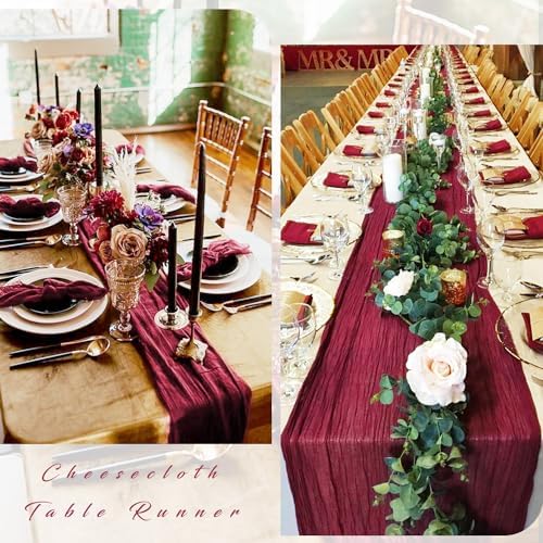 10FT Burgundy Cheesecloth Table Runner Gauze Fabric Boho Cheese Cloth Table Runner Rustic Semi Sheer Runner for Wedding Holiday Bridal Shower Birthday Party Table Decor (35 x 120 Inches Long)
