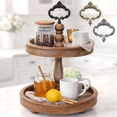 2 Tiered Tray Stand [Includes 3 Changeable Handles] - Rustic Cupcake Stand, Coffee Table Tiered Serving Tray for Kitchen Counter, Stunning Rustic Home Decor, Display Fruits, Plants, Candles (Brown)