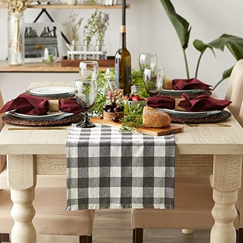 DII Fringed Check Tabletop, Table Runner, 14x108, Mineral