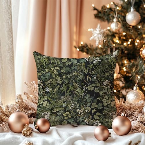 Dark Green Botanical Pillow Covers 18x18 Double-Sided, Plant Room Decor, Vintage Rustic Cottagecore Forest Fern Leaves and Wildflower Decorative Throw Pillow Covers