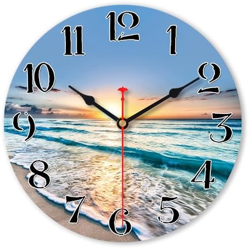 VIKMARI 8in Beach Coastal Wall Clock, Small Wooden Ocean Kitchen Decor