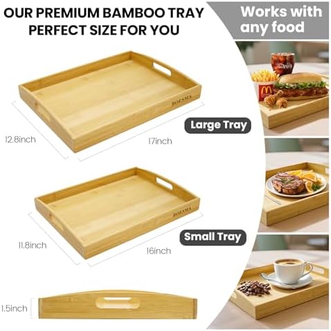 Set of 2 Bamboo Serving Trays with Handles, Wooden Breakfast Trays