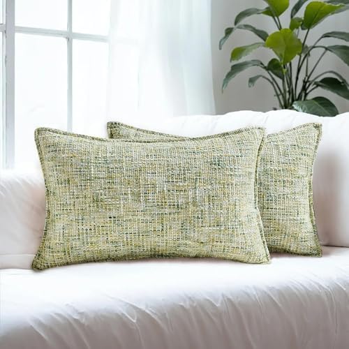 HAUSSY Pack of 2 Chenille Tweed Throw Pillow Covers 12x20 Inch,Light Green