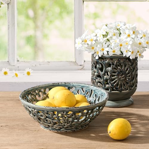 SIDUCAL Ceramic Fruit Bowl for Kitchen Counter,Decorative Fruit Basket with Holes, 10.43" Large Hollow Out Fruit Vegetable Holder Bowl for Table Decor, Gray