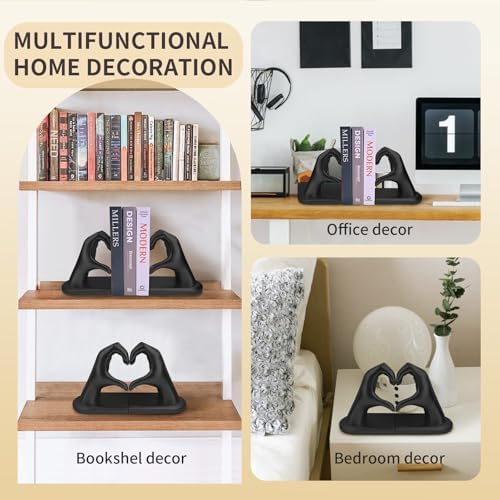 Black Decorative Bookends for Shelves, Heart Hands Book Ends Sculpture Aesthetic Decor for Bedroom Living Room Merch Apartment Bookshelf Birthday Women Decorations Stuff Aesthetic