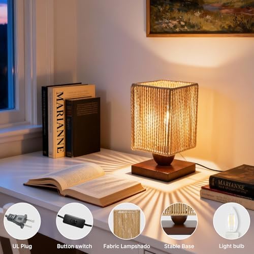 Small Rattan Table Lamp, Square Shade, Woven Square