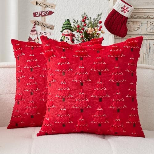 Kevin Textile Christmas Tree Pillow Covers 20x20 Inch Set of 2 Soft Plush Faux Fur with White Snow Embroidery Decoration Pillowcases for Couch Sofa Holiday Festivals Winter Xmas Gift, Red