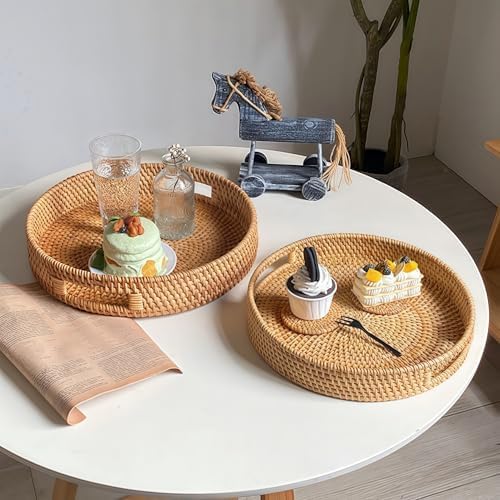 14" Round Rattan Tray, Hand Woven Serving Tray with Handles, Wicker Serving Basket, Decorative Tray for Home Decor, Natural