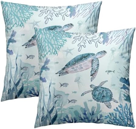 Set of 2 Sea Turtle Throw Pillow Cover 20x20 inch Nautical Coastal Ocean Coral Decorative Pillowcase Underwater Tropical Ocean Teal Blue Summer Cushion Covers for Home Couch Sofa