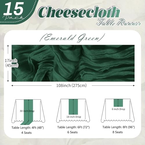 15 Pack Emerald Green Cheesecloth Table Runner 17 x 108 inch Cheese Cloth Table Runners 9ft Green Table Runner Rustic Romantic Sheer Gauze Runner for Wedding Party Baby Shower Table Decoration