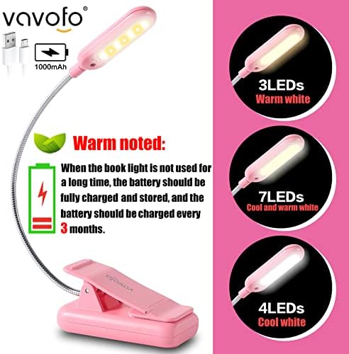 VAVOFO Rechargeable Book Light for Reading in Bed Kids, 7 LED Reading Light with 9-Level Warm Cool White Daylight, Eye Care Lamp with Power Indicator for Bookworms (Pink)