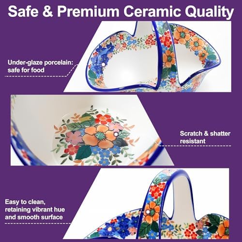 Ceramic Fruit Basket with Handle, Small Decorative Table Candy Bowl