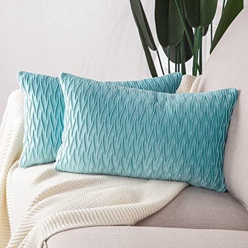 MADIZZ Set of 2 Super Soft Velvet Decorative Throw Pillow Covers 12x20 inch Aqua Rectangular with Texture Luxury Style Cushion Case Pillow Shell for Sofa Bedroom