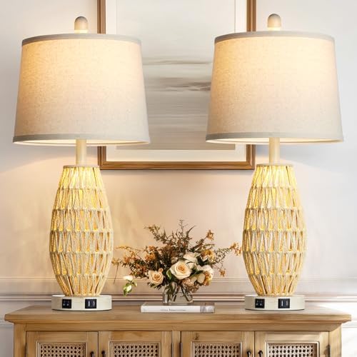 CINSARY 27“ Beige Rattan Table Lamps with Night Light, Boho Bedside Lamps Set of 2, Woven Wicker Bedroom Lamp for Nightstand with USB A+C Charging Port & AC Outlet, Tall Coastal Living Room Lamp