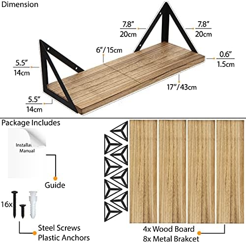 Wallniture Minori Floating Shelves Set of 4, Small Bookshelf Unit for Bedroom, Office, Bathroom, and Living Room, Natural Burned Rustic Wood Wall Decor with Metal Floating Shelf Bracket